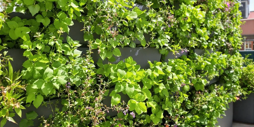 Huerto vertical de hierbas aromáticas en terraza.