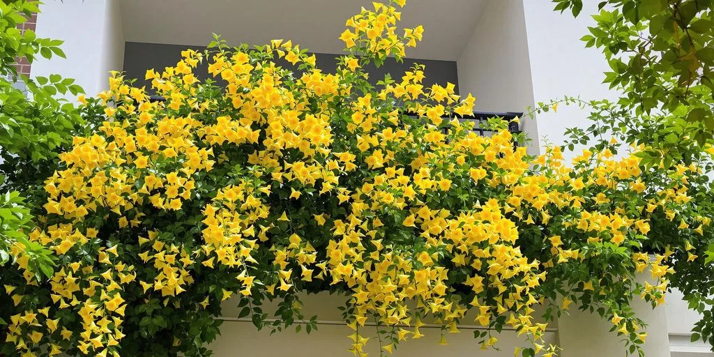 Árbol de lapacho amarillo floreciendo en un balcón.